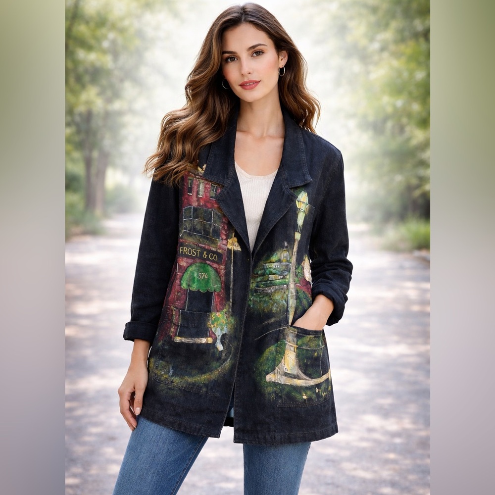 Sundance Hand-Painted Denim Jacket | Whimsical Storybook Cityscape Wearable Art‎